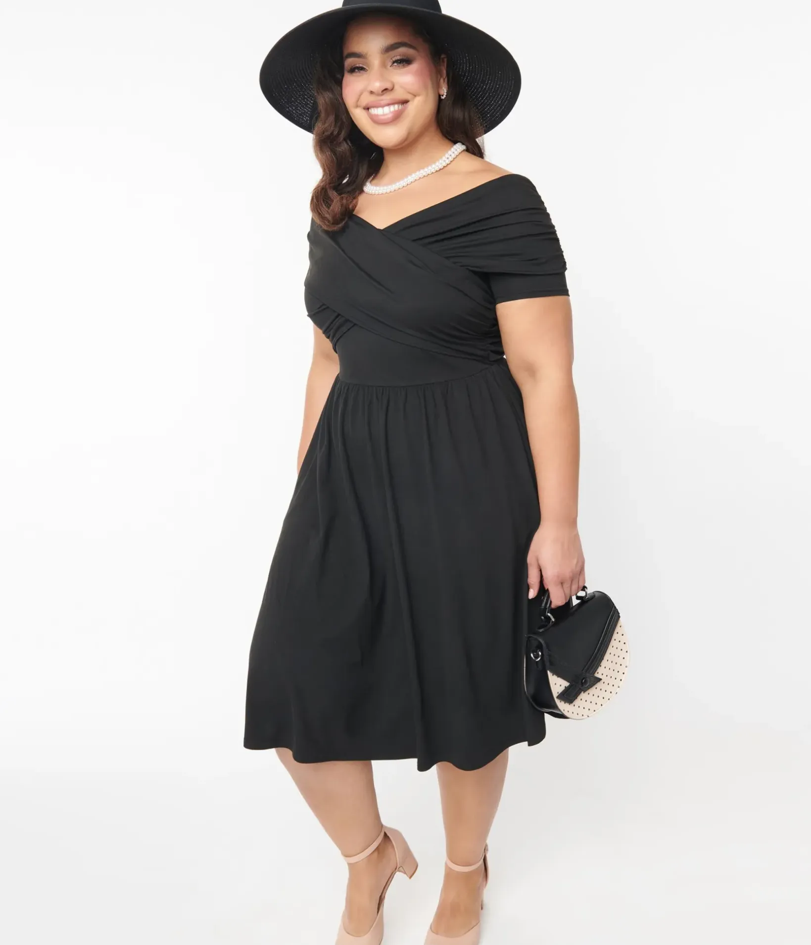 Unique Vintage Swing|Pocket Dresses>Curve Black Shirred Swing Dress