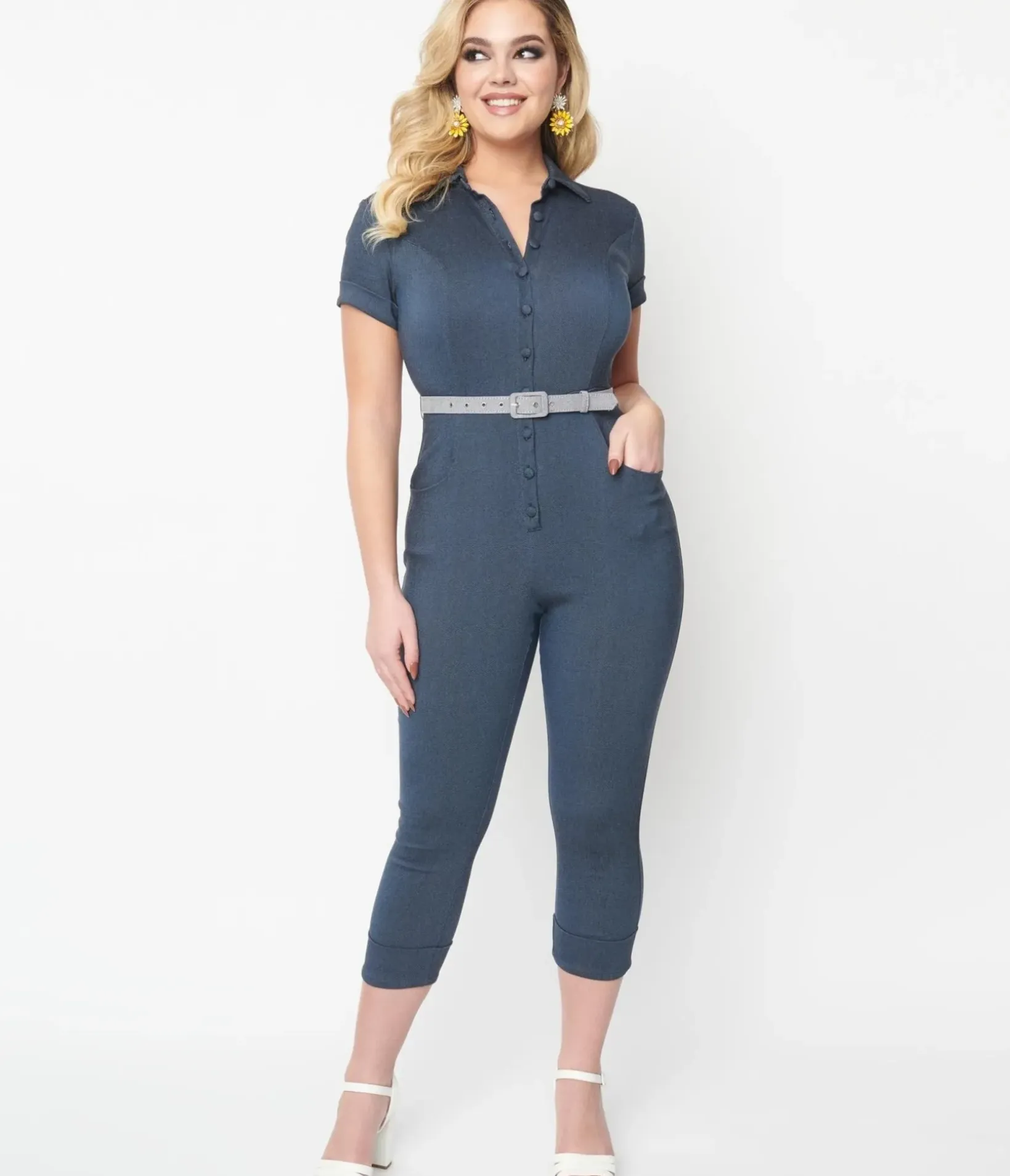 Unique Vintage Rompers & Jumpsuits>Dark Blue Denim Bold Moment Jumpsuit