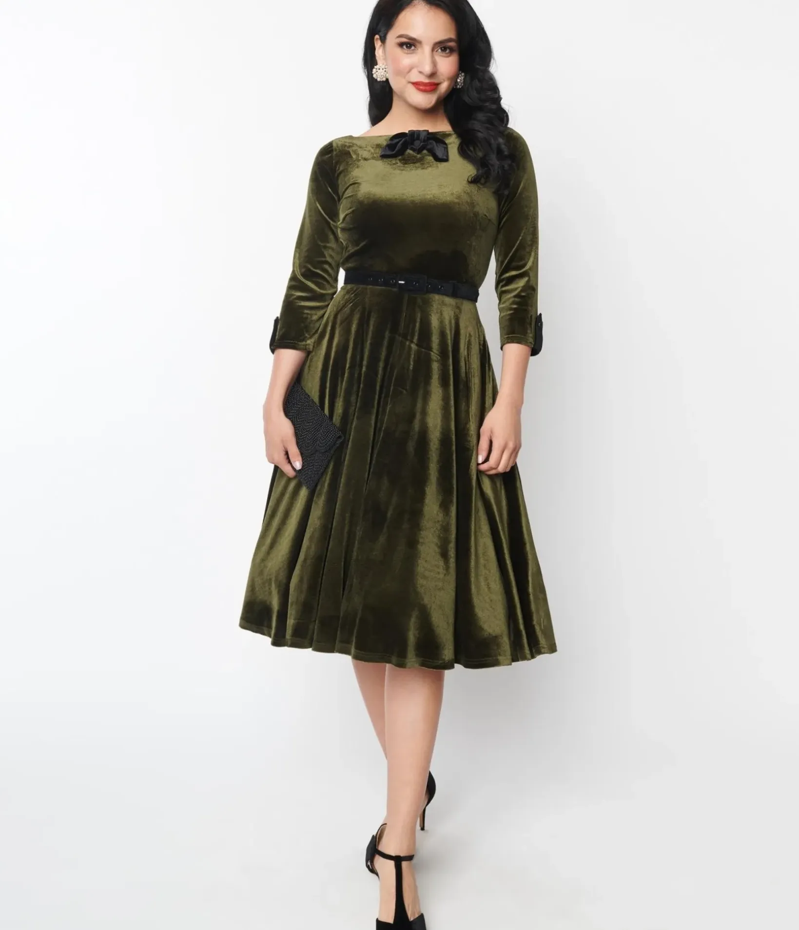 Unique Vintage Swing|Pocket Dresses>Deep Olive Green Velvet Faux Bow Devon Swing Dress