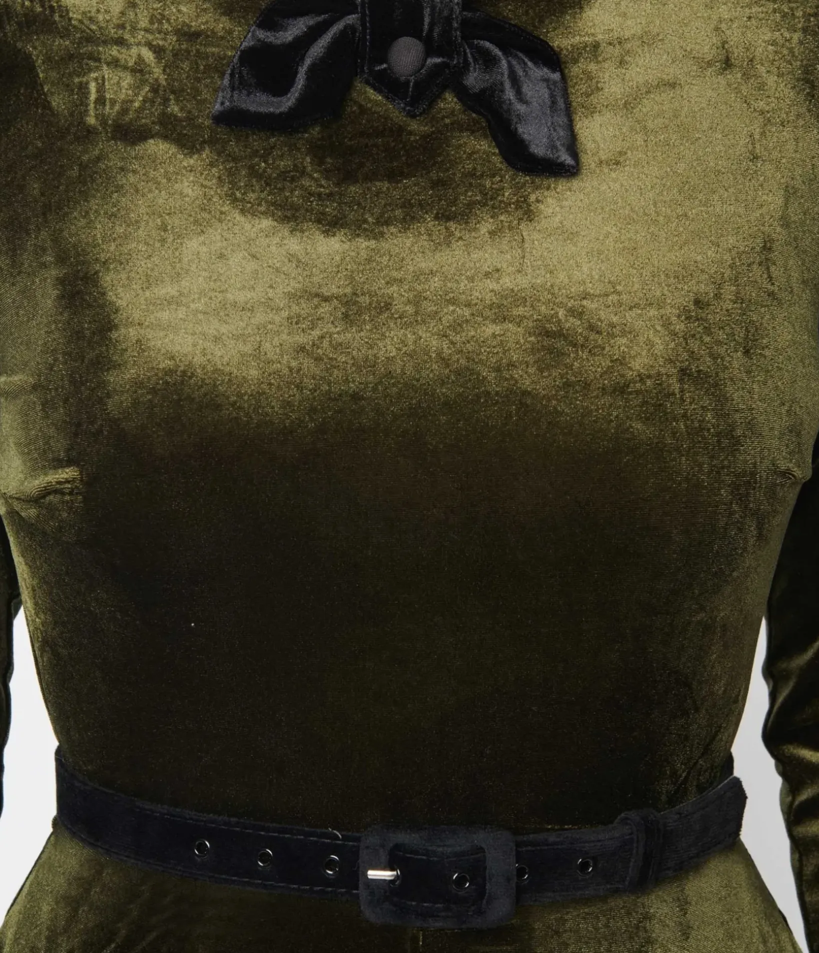 Unique Vintage Swing|Pocket Dresses>Deep Olive Green Velvet Faux Bow Devon Swing Dress