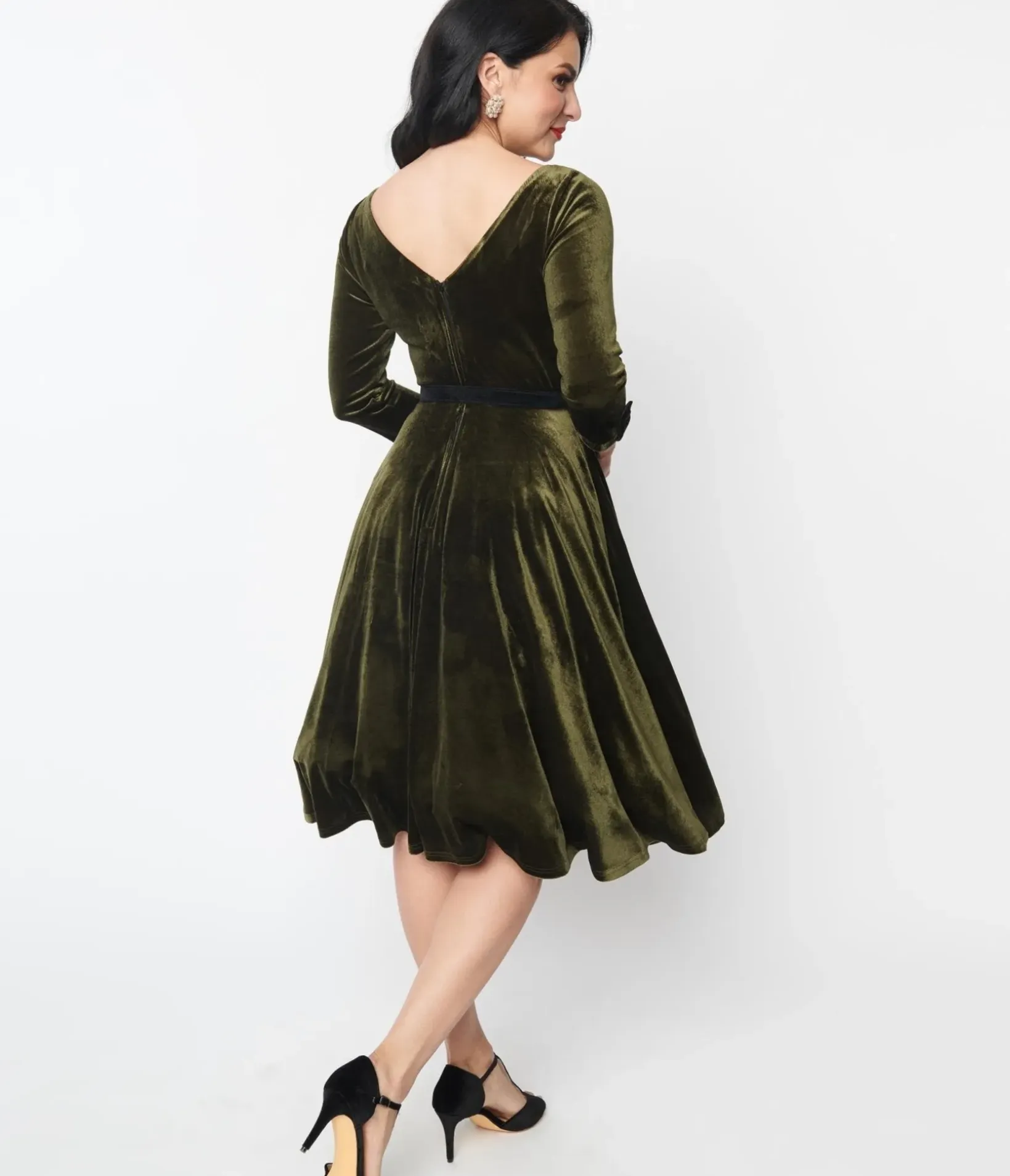 Unique Vintage Swing|Pocket Dresses>Deep Olive Green Velvet Faux Bow Devon Swing Dress