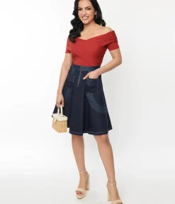 Unique Vintage Skirts>Denim Blue Patch Pocket Swing Skirt