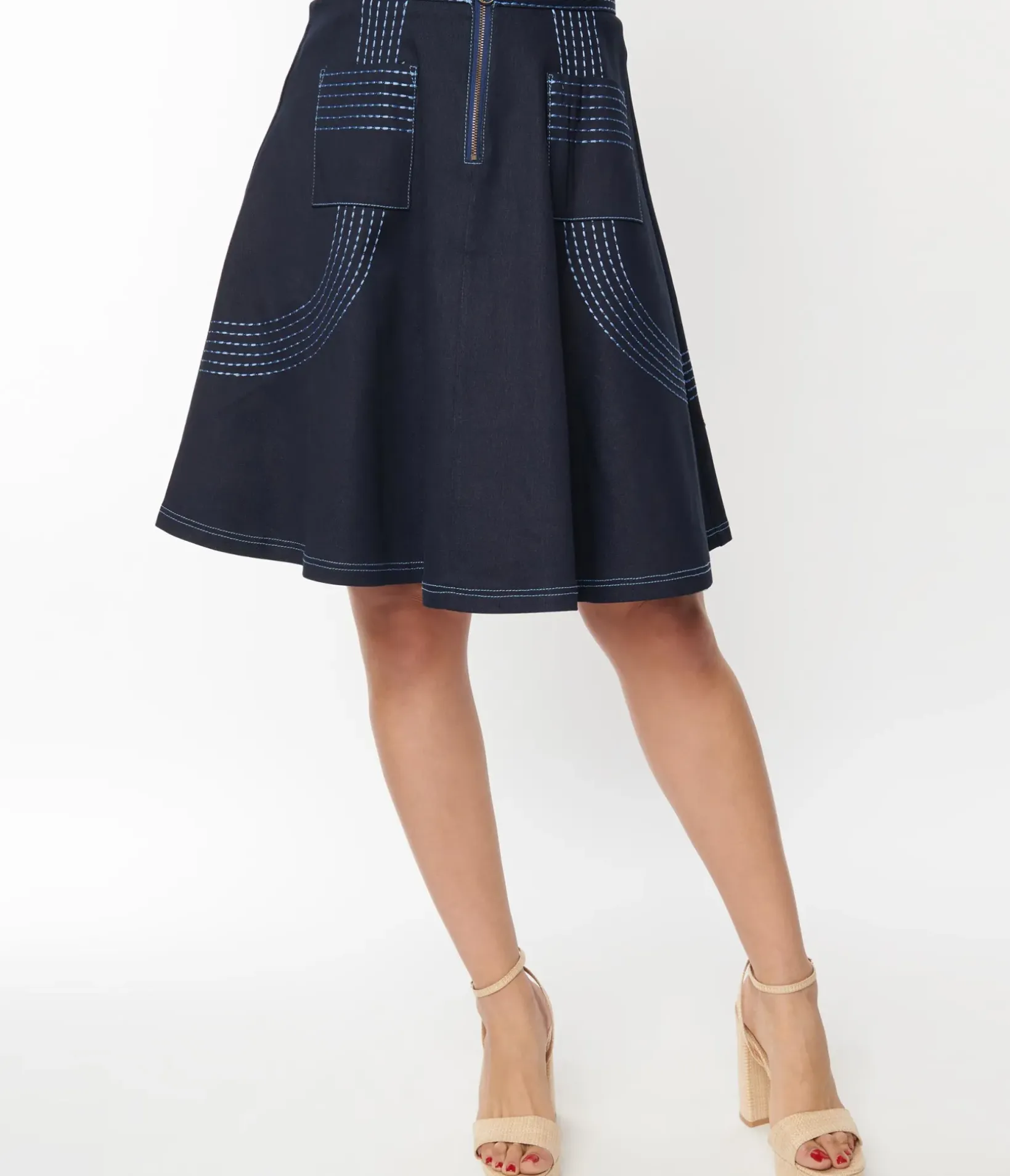 Unique Vintage Skirts>Denim Blue Patch Pocket Swing Skirt