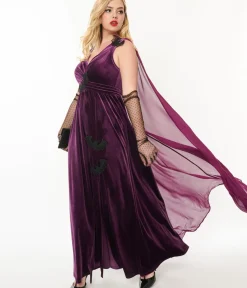 Unique Vintage Everyday Dresses|Halloween>Eggplant & Black Bat Velvet Cape Gown