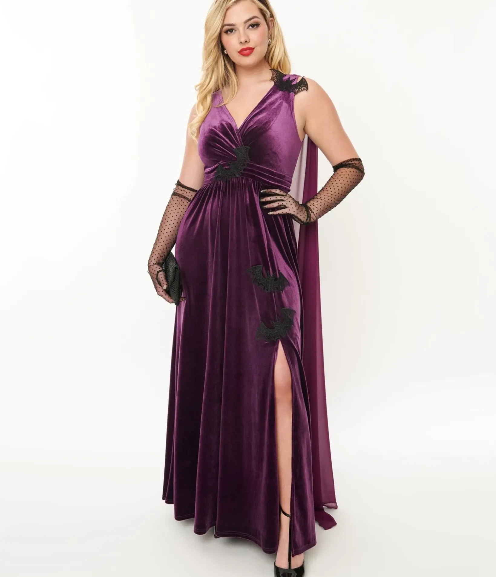 Unique Vintage Everyday Dresses|Halloween>Eggplant & Black Bat Velvet Cape Gown