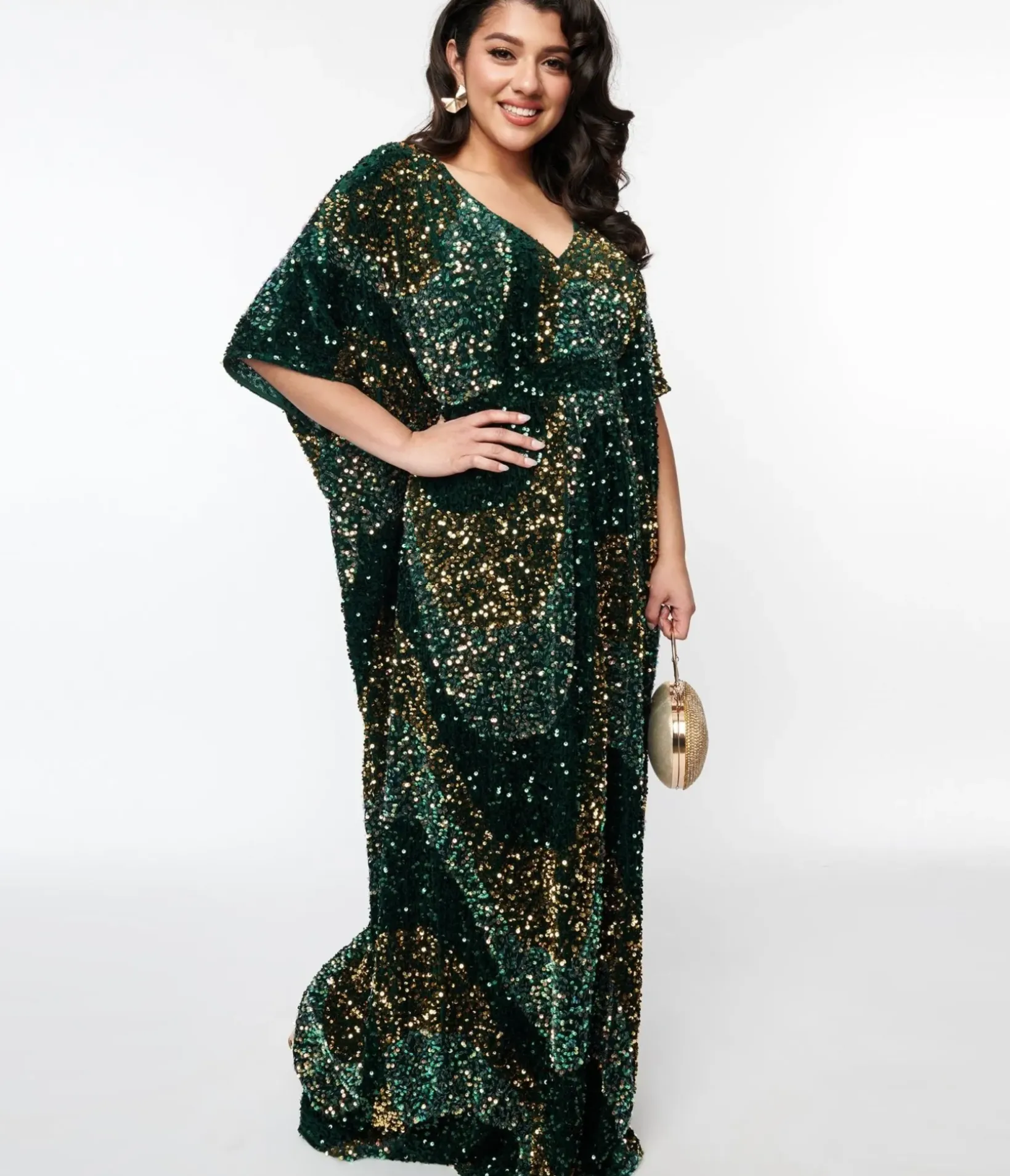 Unique Vintage Maxi|Caftans>Emerald & Gold Sequin Burton Caftan Dress