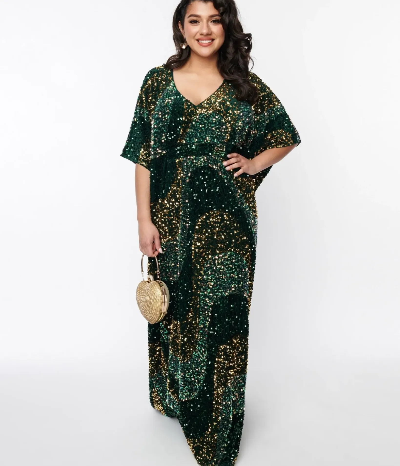 Unique Vintage Maxi|Caftans>Emerald & Gold Sequin Burton Caftan Dress
