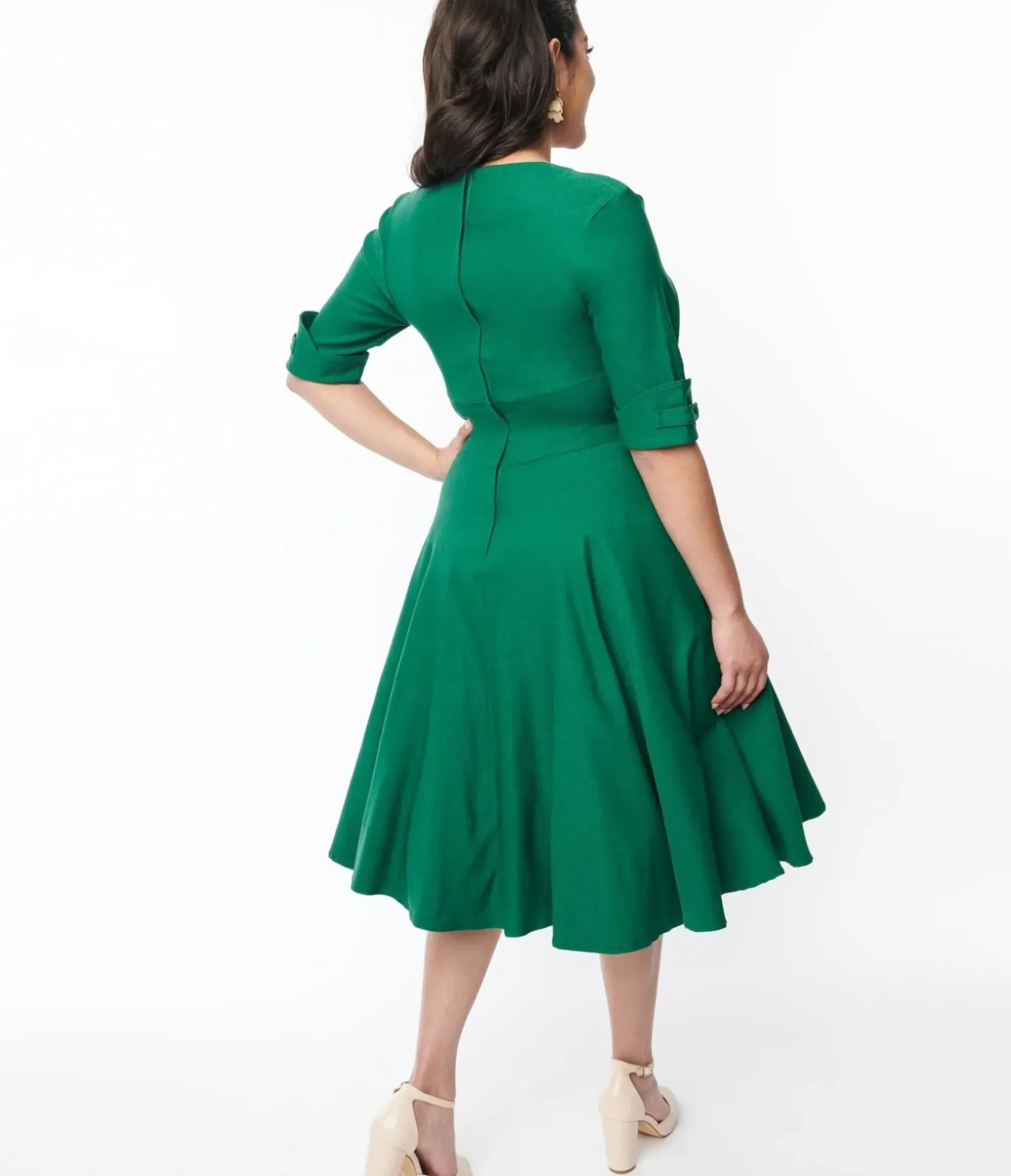 Unique Vintage Swing|Pocket Dresses>Emerald Green Delores Swing Dress with Sleeves