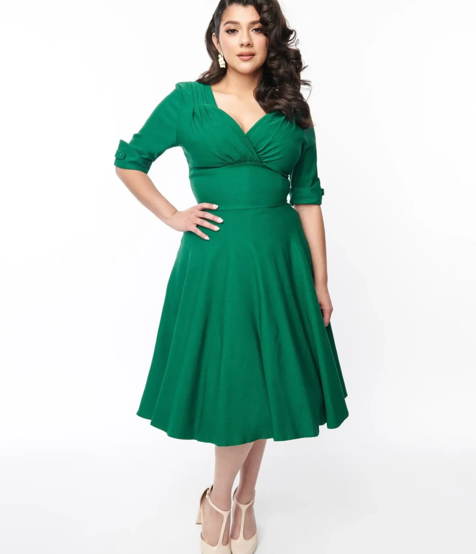 Unique Vintage Swing|Pocket Dresses>Emerald Green Delores Swing Dress with Sleeves
