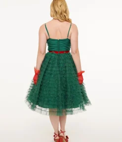Unique Vintage Swing|Swing>Emerald Green & Red Ribbon Tulle Cupcake Swing Dress