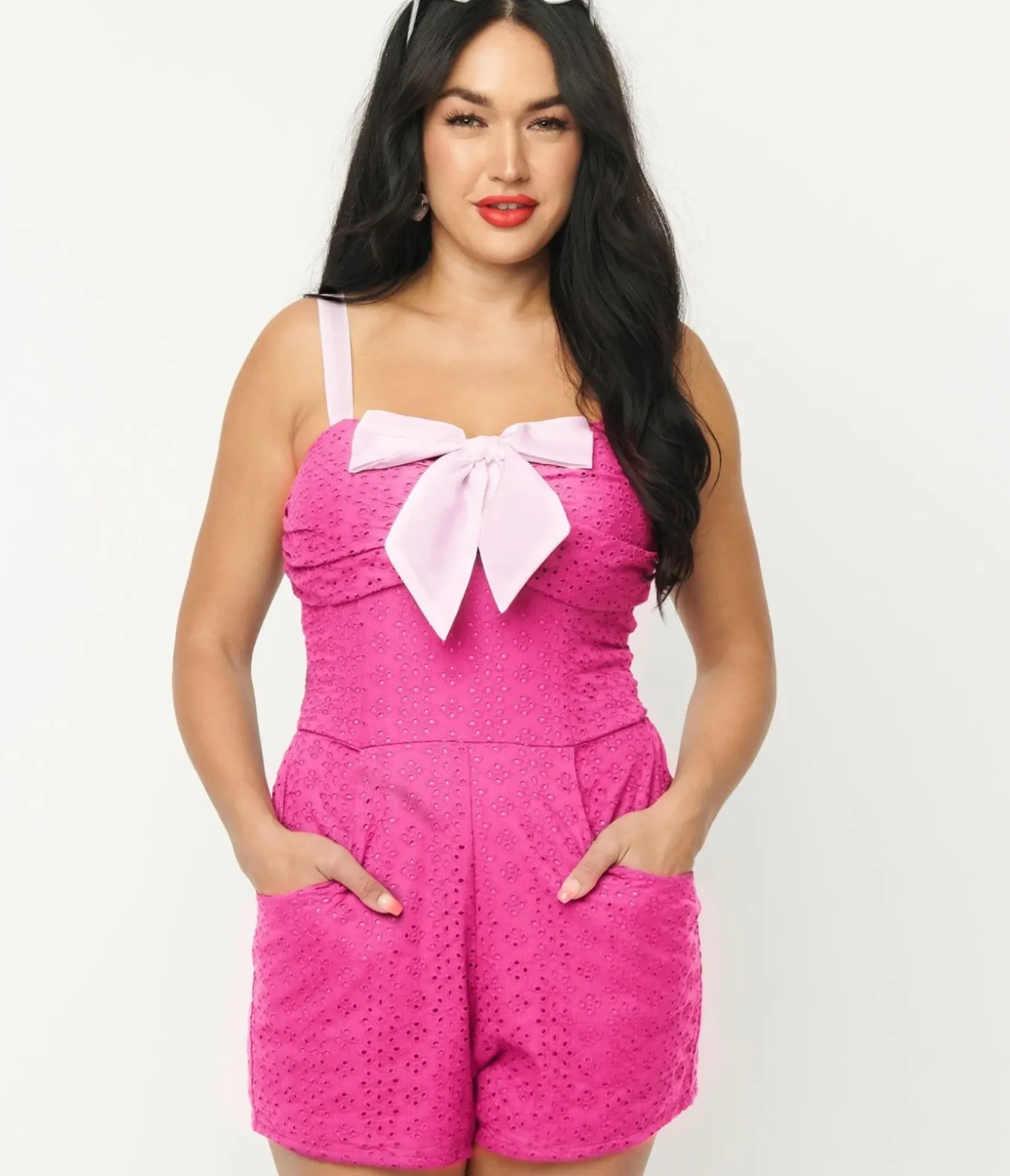 Unique Vintage Rompers & Jumpsuits>Fuchsia Eyelet Rae Romper