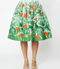 Unique Vintage All Things Red>Green Evergreen & Red Ornaments Swing Skirt