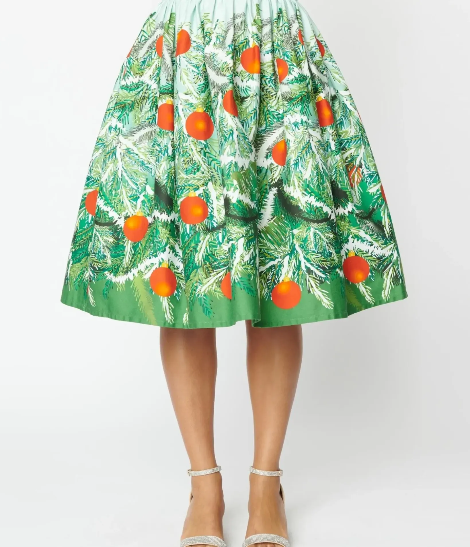 Unique Vintage All Things Red>Green Evergreen & Red Ornaments Swing Skirt