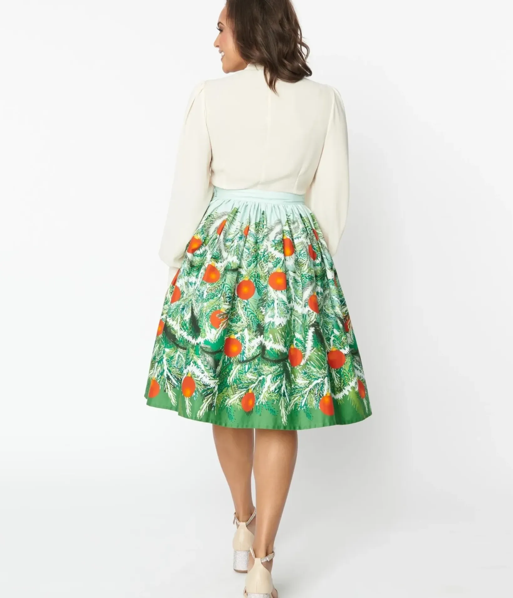 Unique Vintage All Things Red>Green Evergreen & Red Ornaments Swing Skirt
