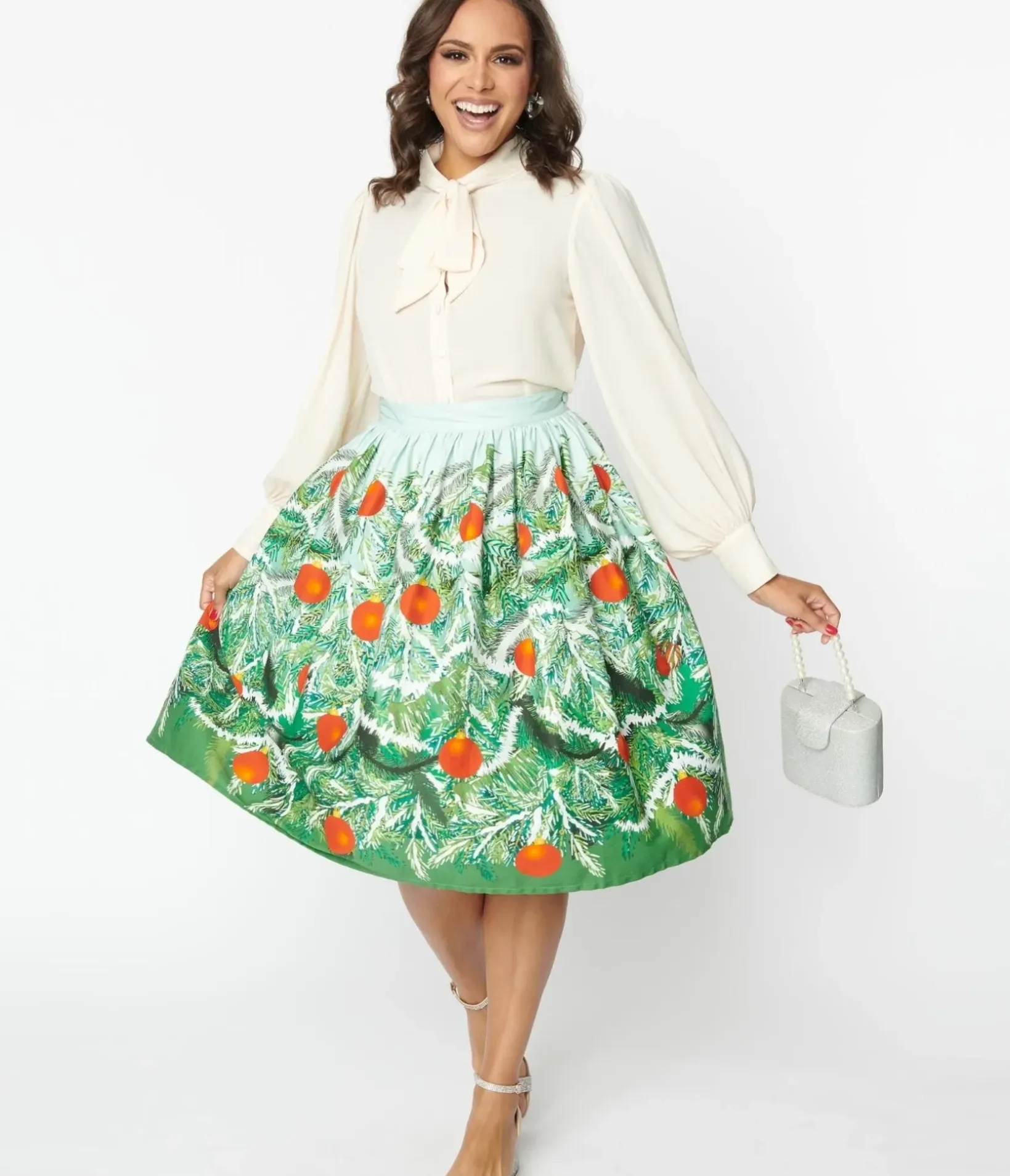 Unique Vintage All Things Red>Green Evergreen & Red Ornaments Swing Skirt