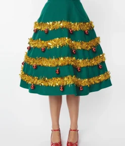 Unique Vintage Skirts|Skirts>Green & Gold Tinsel & Ornament Soda Shop Swing Skirt