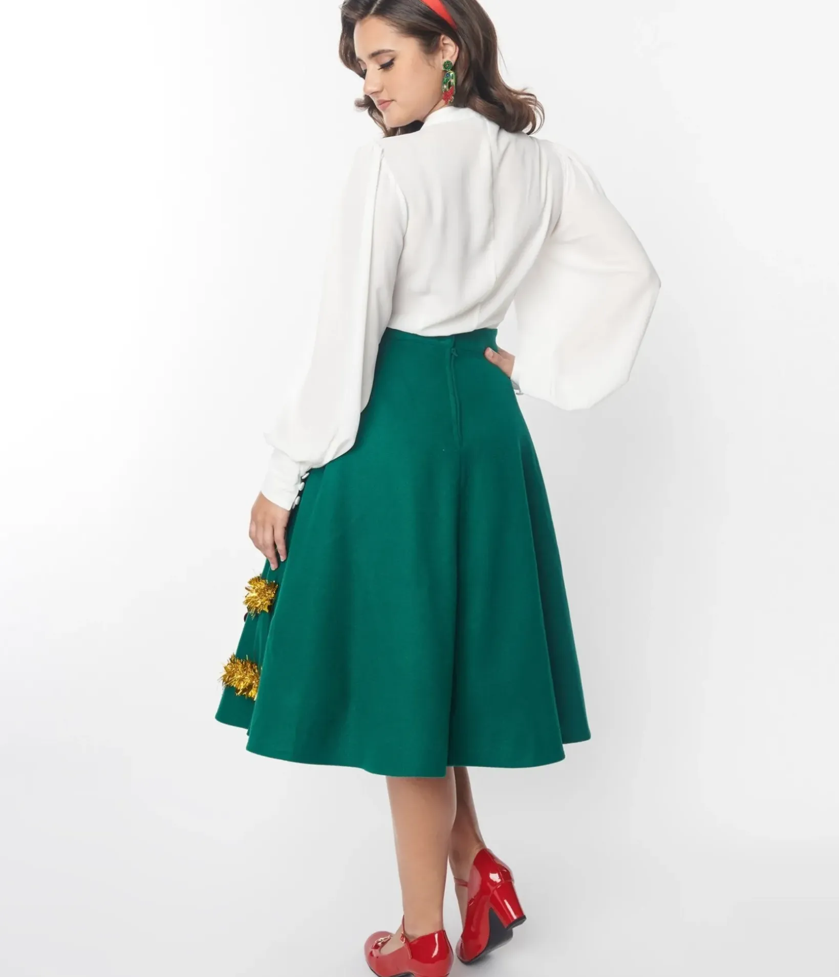 Unique Vintage Skirts|Skirts>Green & Gold Tinsel & Ornament Soda Shop Swing Skirt