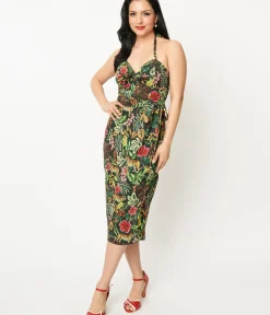 Unique Vintage Pencil|Everyday Dresses>Green Jungle Cat Print Leilani Sarong Dress
