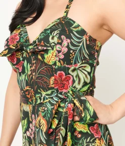 Unique Vintage Pencil|Everyday Dresses>Green Jungle Cat Print Leilani Sarong Dress