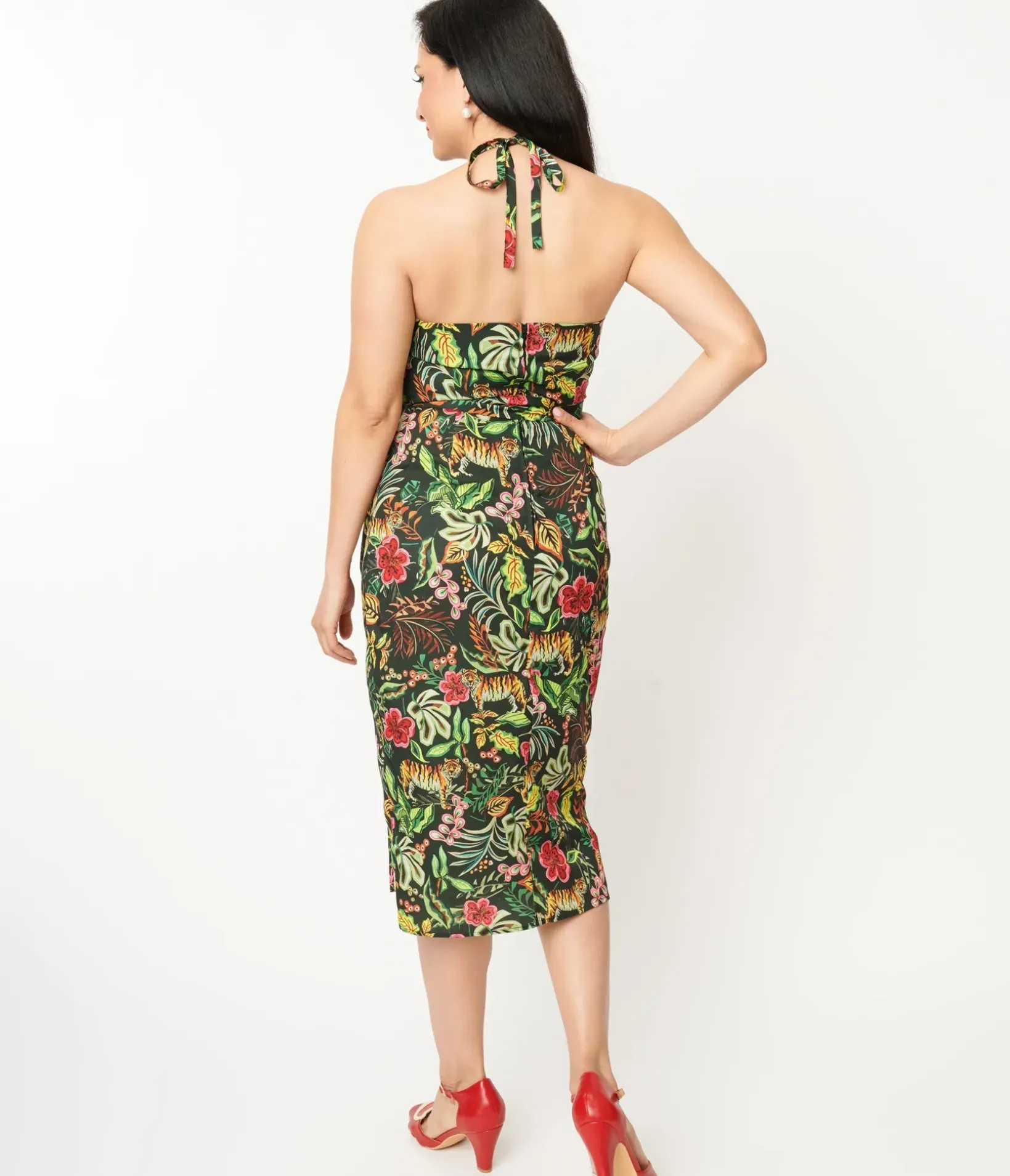 Unique Vintage Pencil|Everyday Dresses>Green Jungle Cat Print Leilani Sarong Dress