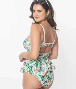 Unique Vintage Swim Tops|All Things Pink>Green & Pink Monstera Leaf Solana Tankini Swim Top