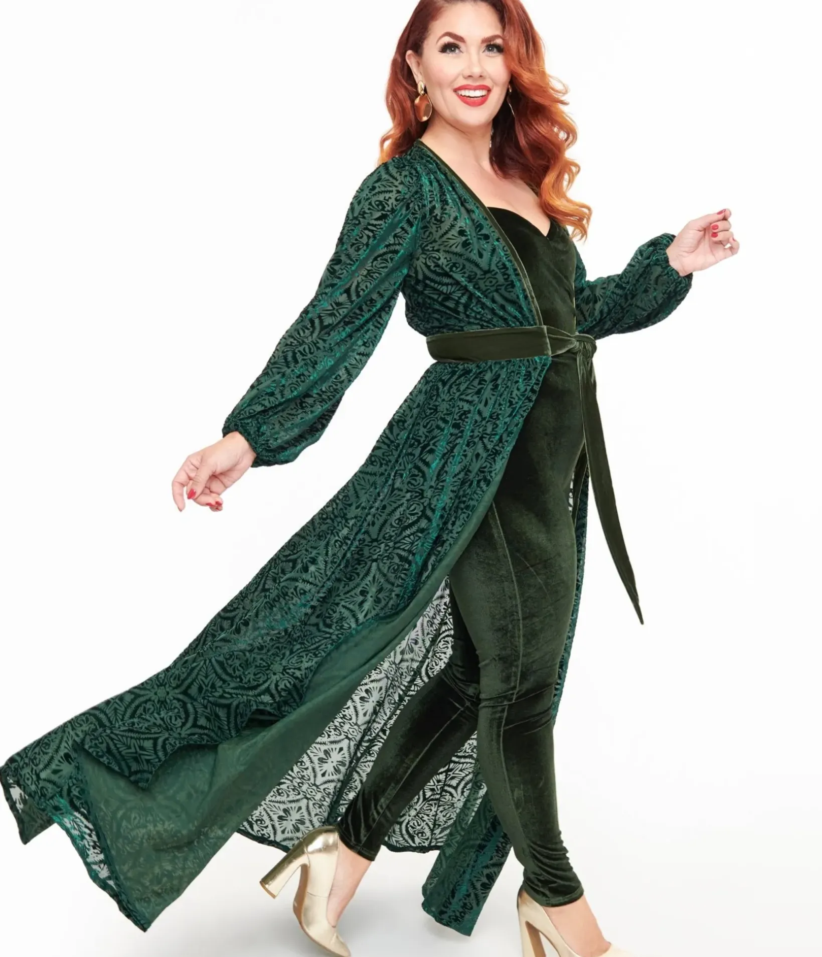Unique Vintage Maxi|Everyday Dresses>Green Velvet Burnout Hollywood Duster