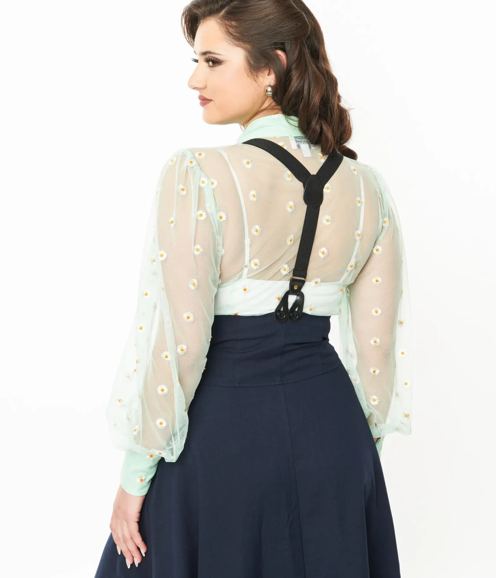 Unique Vintage Blouses>Green & White Daisy Print Sheer Gwen Blouse