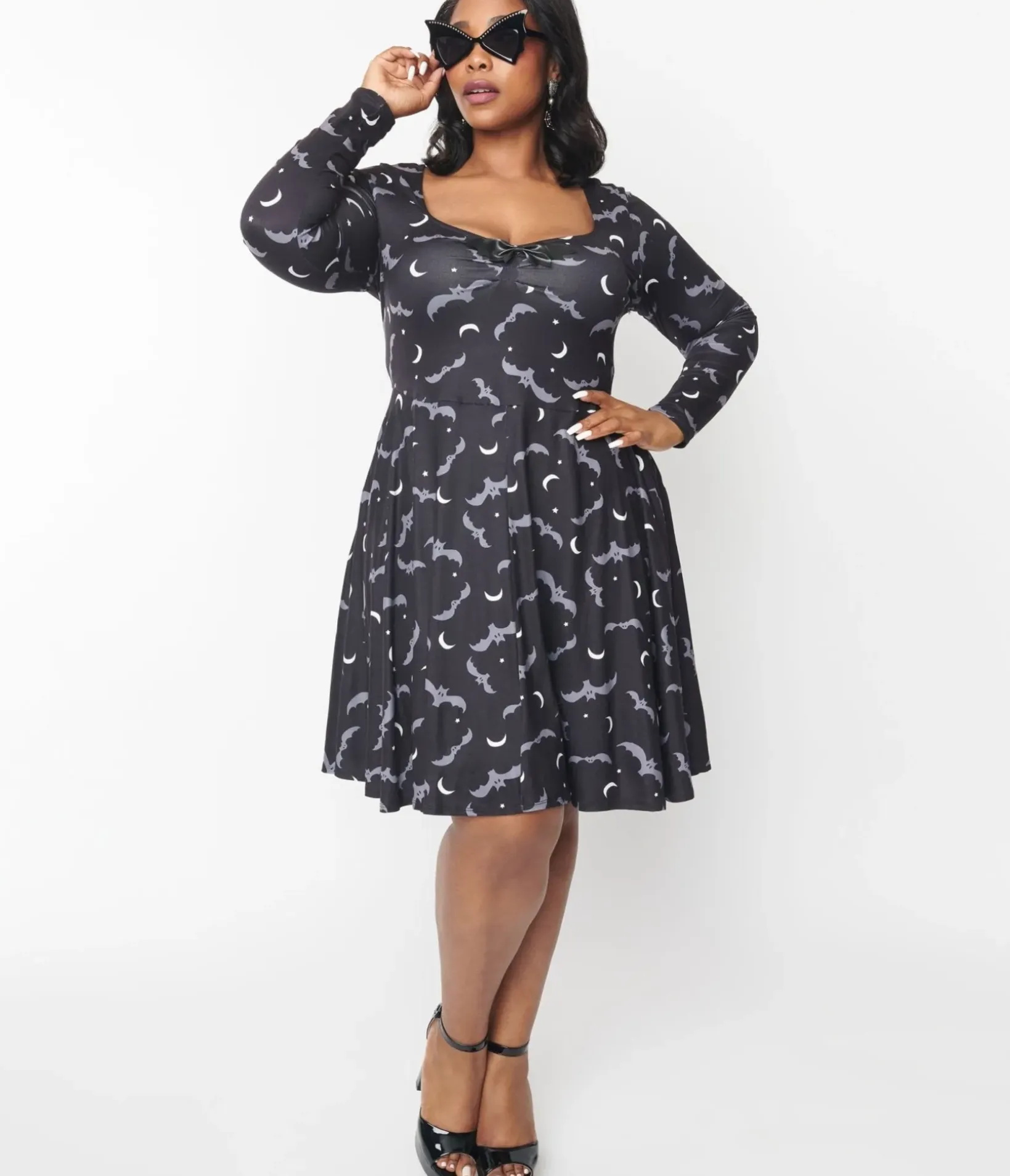 Unique Vintage Fit & Flare|Fit & Flare>Grey Bat & Moon Hello Gorgeous Flare Dress