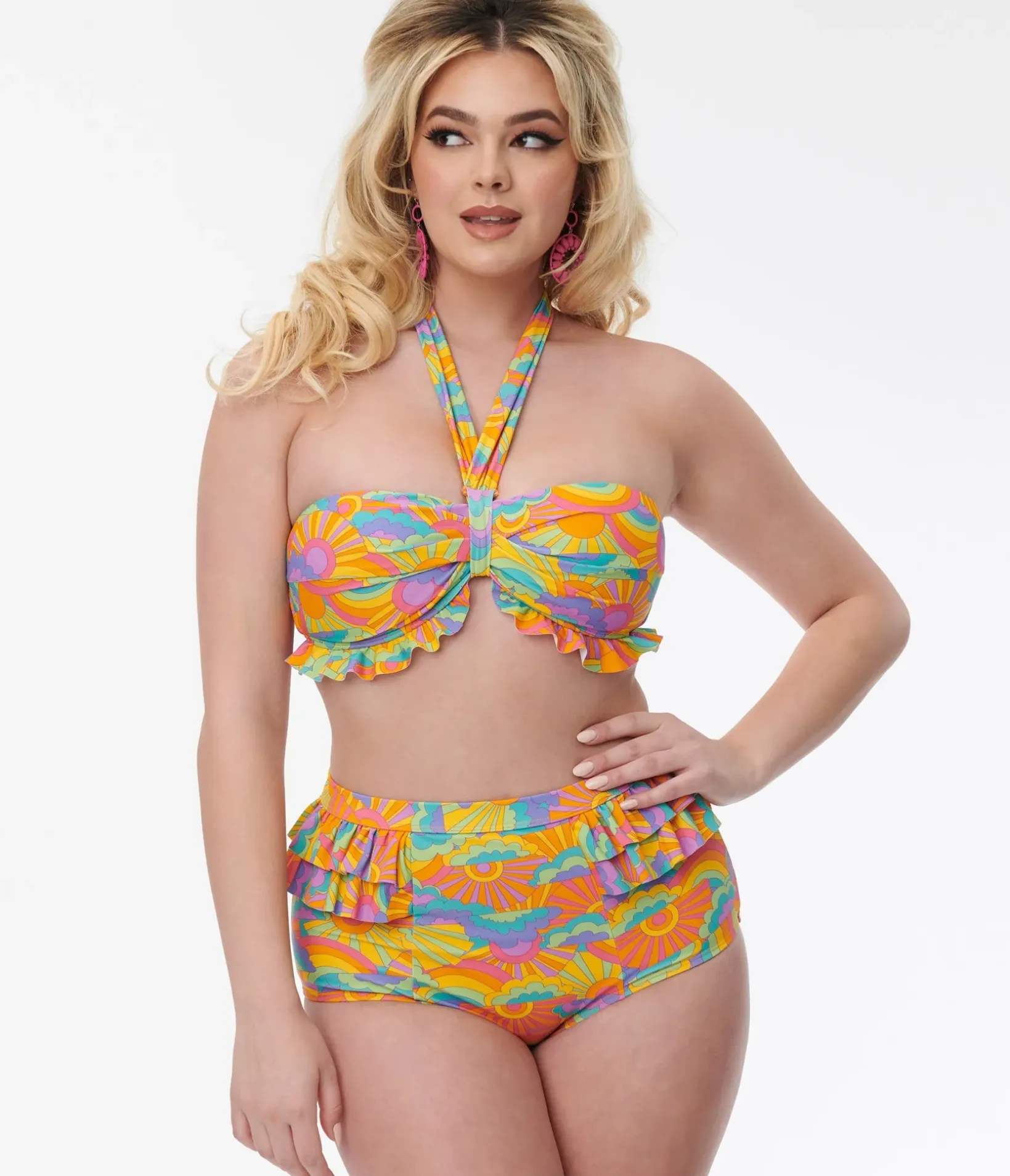 Unique Vintage Swim Tops|Two Piece Swim>Happy Groovy Rainbow Twist Front Halter Swim Top