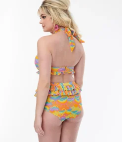 Unique Vintage Swim Tops|Two Piece Swim>Happy Groovy Rainbow Twist Front Halter Swim Top
