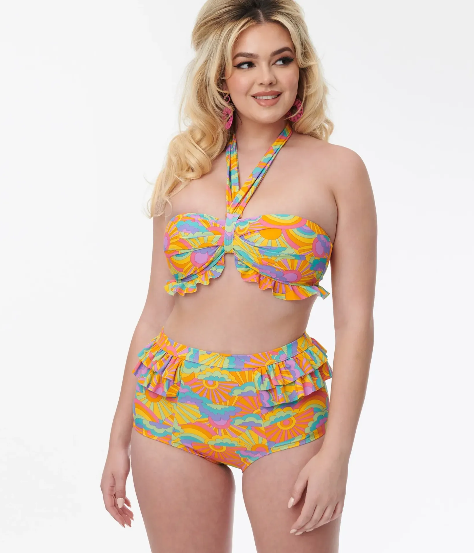 Unique Vintage Swim Tops|Two Piece Swim>Happy Groovy Rainbow Twist Front Halter Swim Top