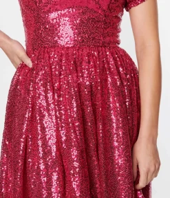 Unique Vintage Fit & Flare|Everyday Dresses>Hot Pink Sequin Sweetheart Fit & Flare Dress
