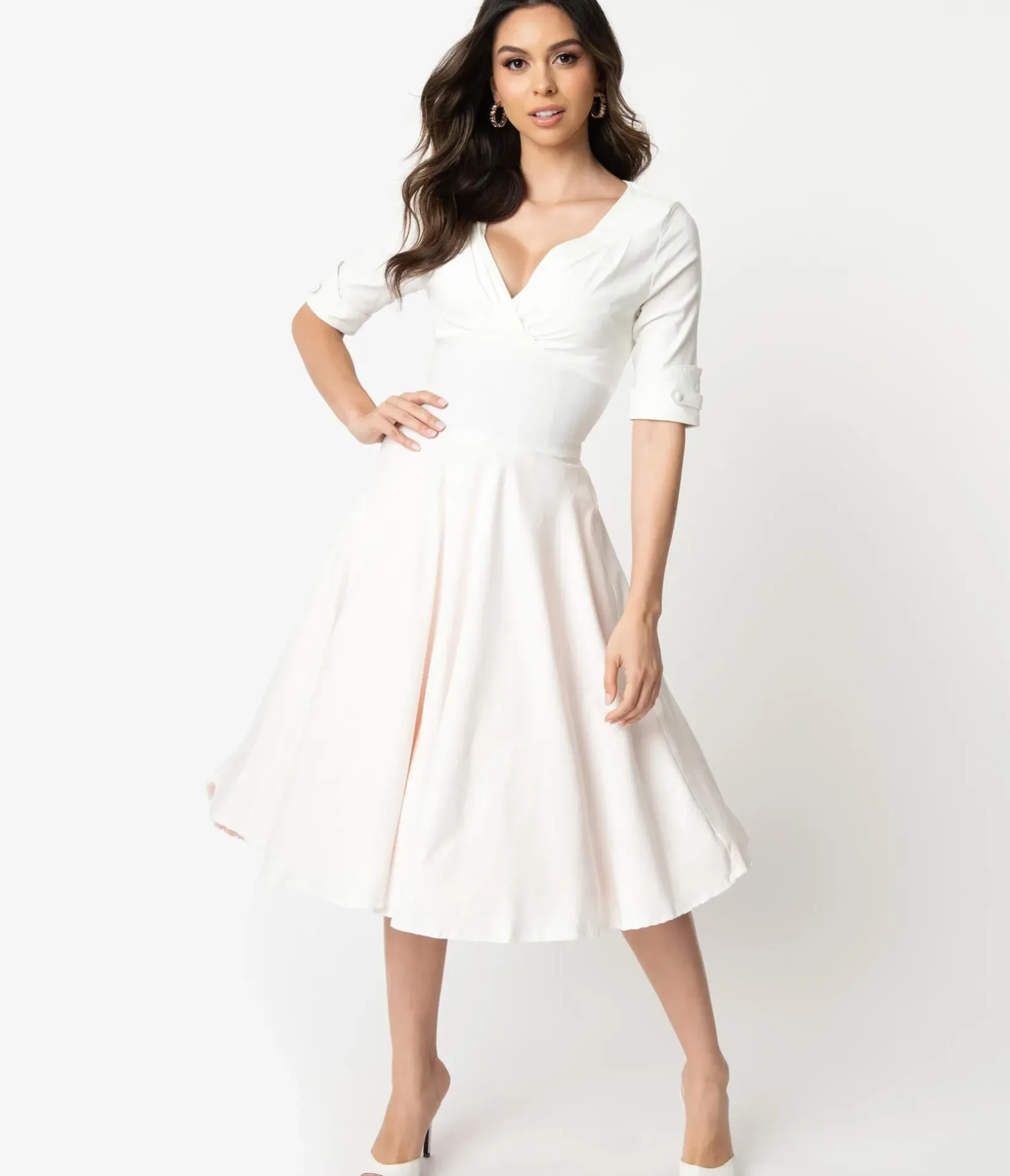 Unique Vintage Swing|Pocket Dresses>Ivory Delores Swing Dress with Sleeves