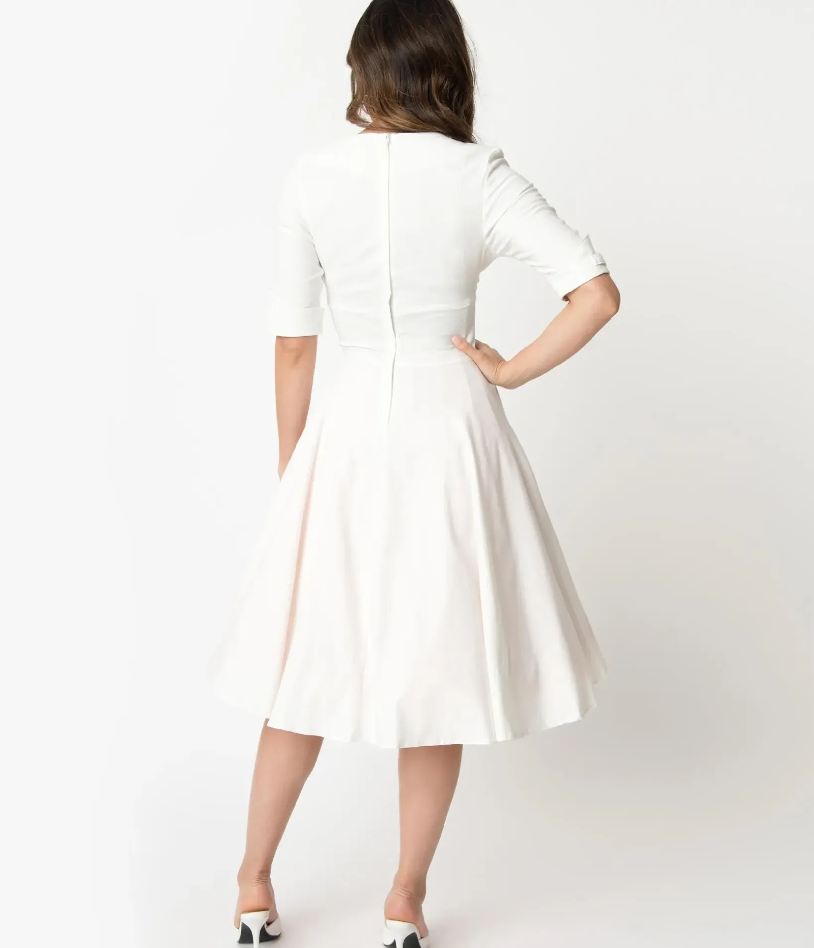 Unique Vintage Swing|Pocket Dresses>Ivory Delores Swing Dress with Sleeves