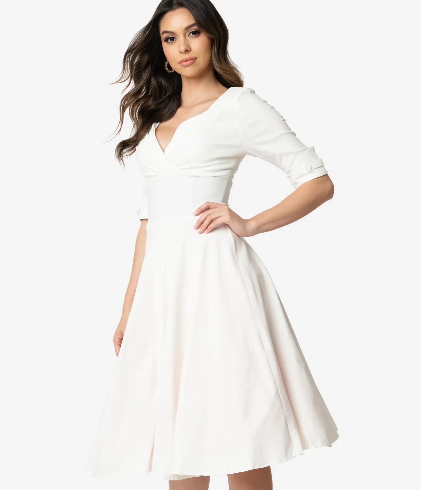 Unique Vintage Swing|Pocket Dresses>Ivory Delores Swing Dress with Sleeves