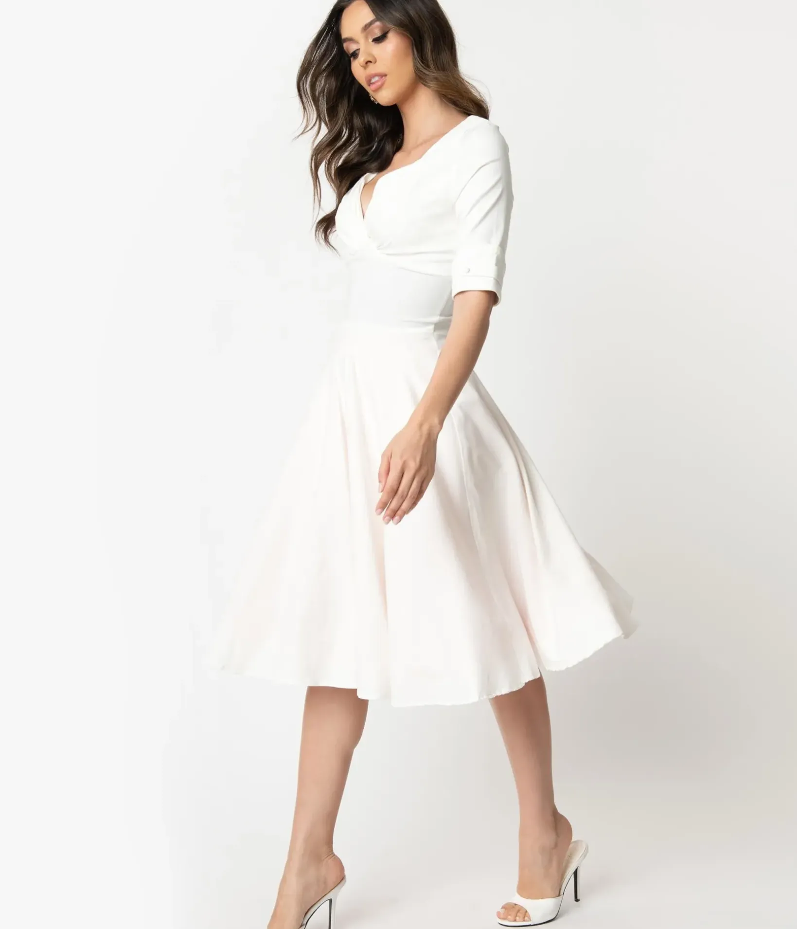 Unique Vintage Swing|Pocket Dresses>Ivory Delores Swing Dress with Sleeves