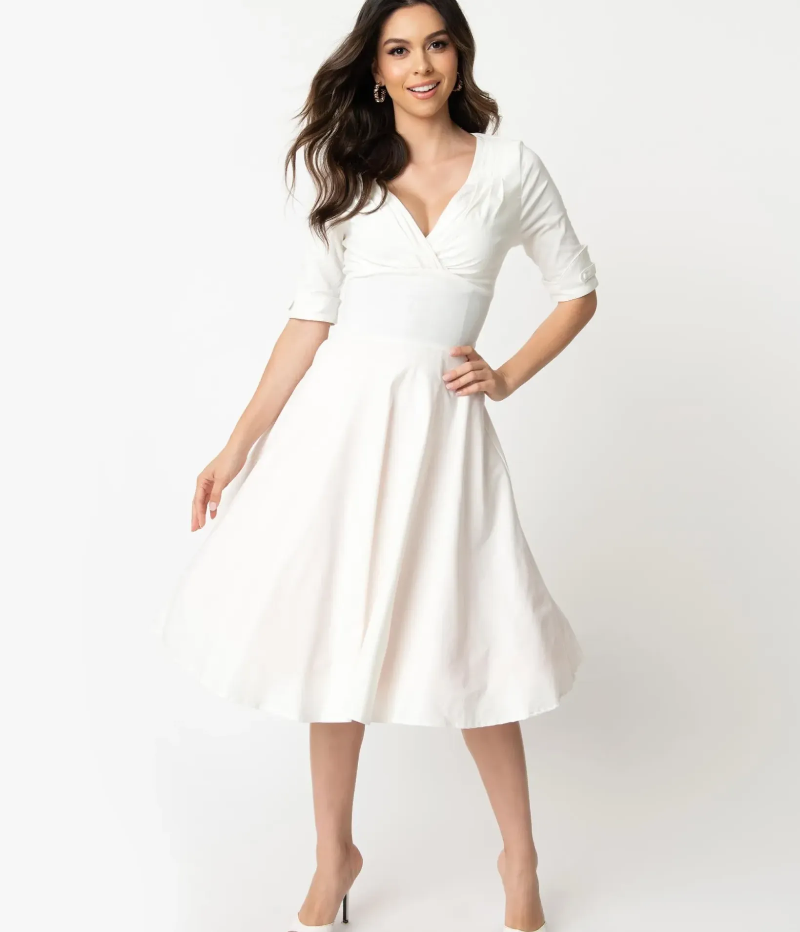 Unique Vintage Swing|Pocket Dresses>Ivory Delores Swing Dress with Sleeves