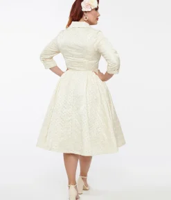 Unique Vintage Swing|Everyday Dresses>Ivory & Gold Brocade Swing Dress