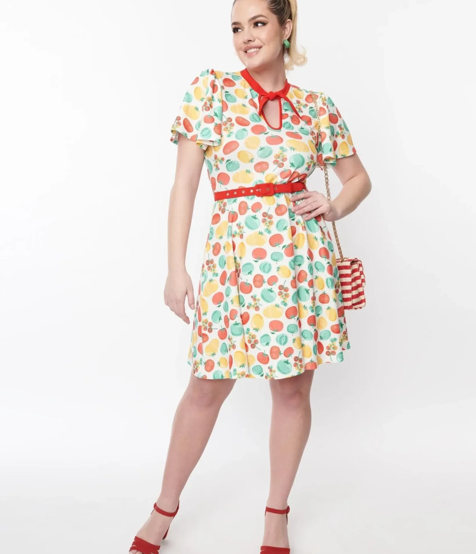 Unique Vintage Fit & Flare|Fit & Flare>Ivory & Red Tomato Print Flare Dress
