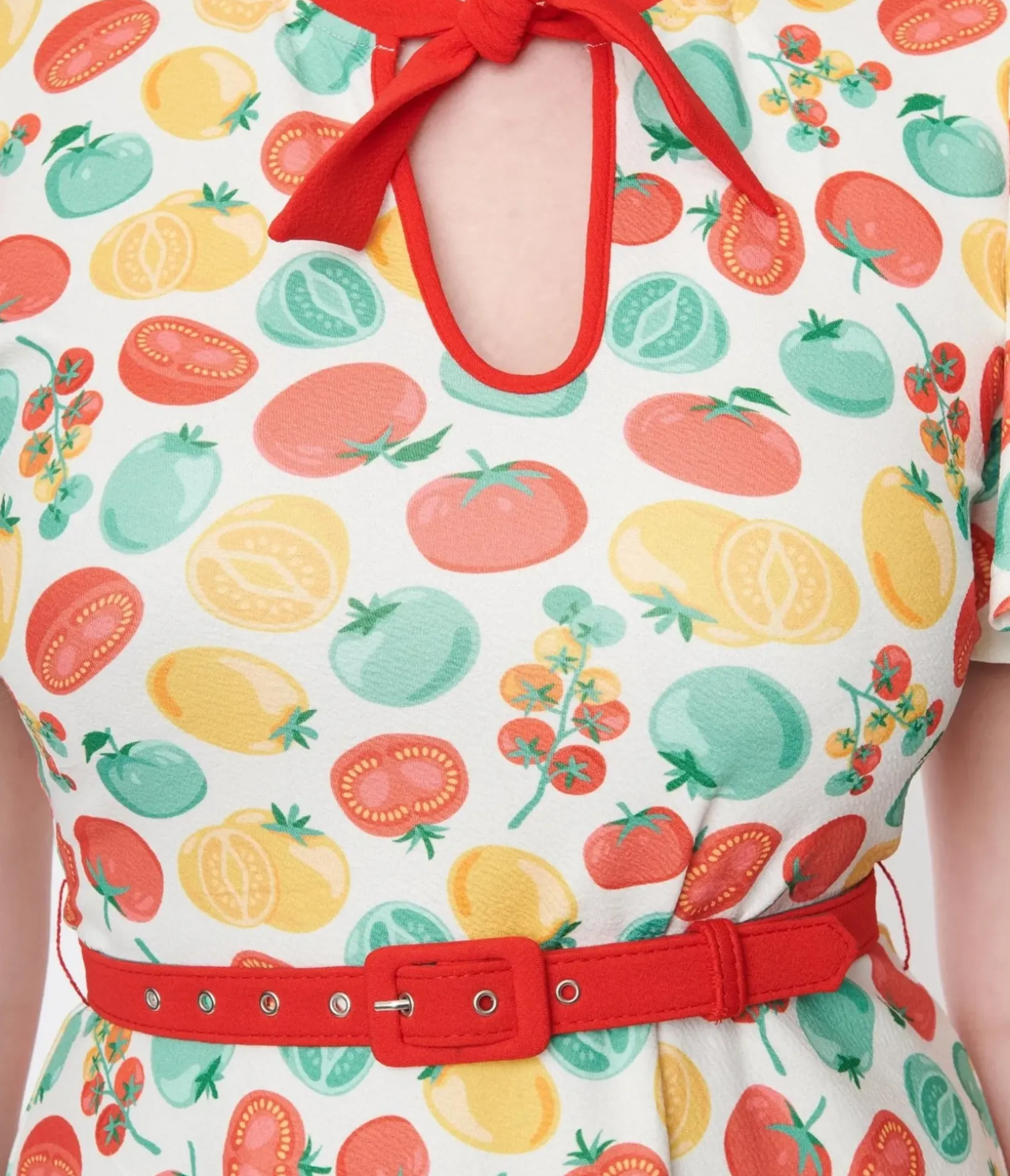 Unique Vintage Fit & Flare|Fit & Flare>Ivory & Red Tomato Print Flare Dress