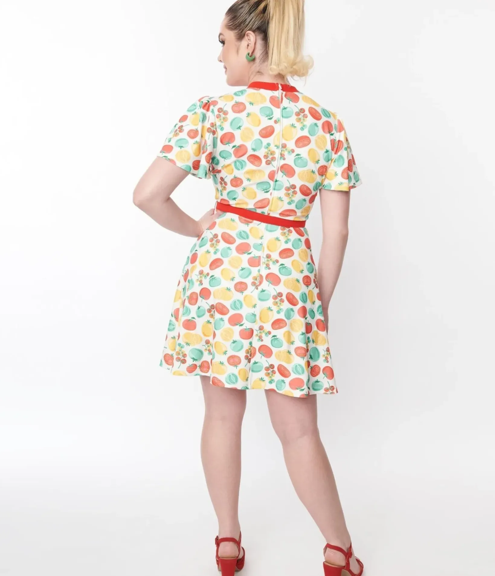 Unique Vintage Fit & Flare|Fit & Flare>Ivory & Red Tomato Print Flare Dress