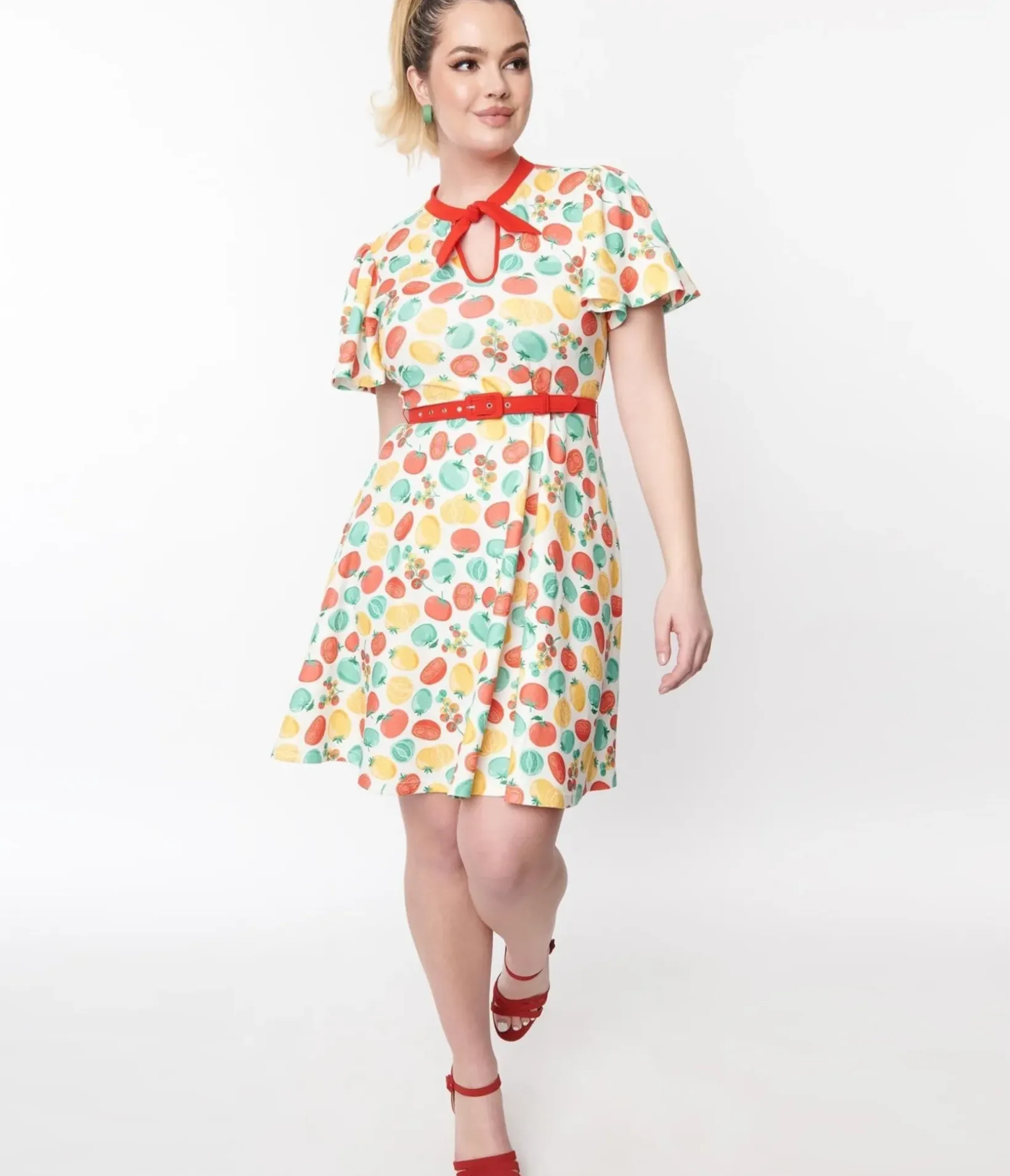 Unique Vintage Fit & Flare|Fit & Flare>Ivory & Red Tomato Print Flare Dress