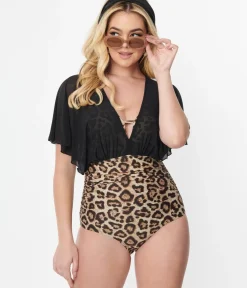 Unique Vintage One Piece Swim>Leopard & Black Mesh Sleeved Torrey Swimsuit