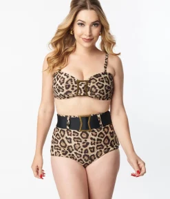 Unique Vintage Swim Bottoms|Two Piece Swim>Leopard Print High Waist Belted Swim Bottom