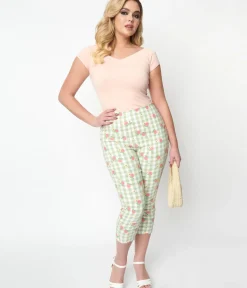Unique Vintage Pants>Light Green Gingham & Peaches Rachelle Capri Pants