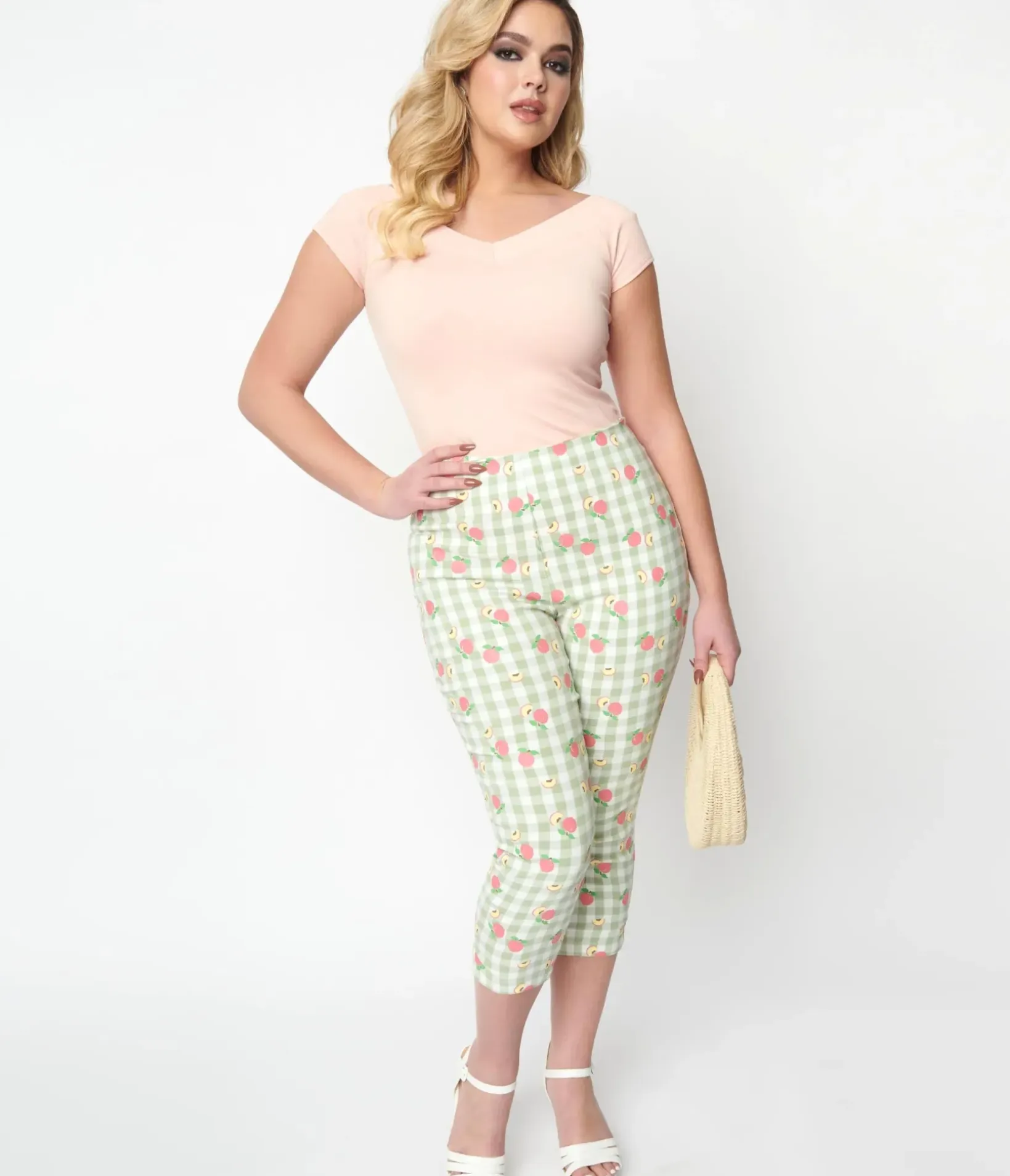 Unique Vintage Pants>Light Green Gingham & Peaches Rachelle Capri Pants