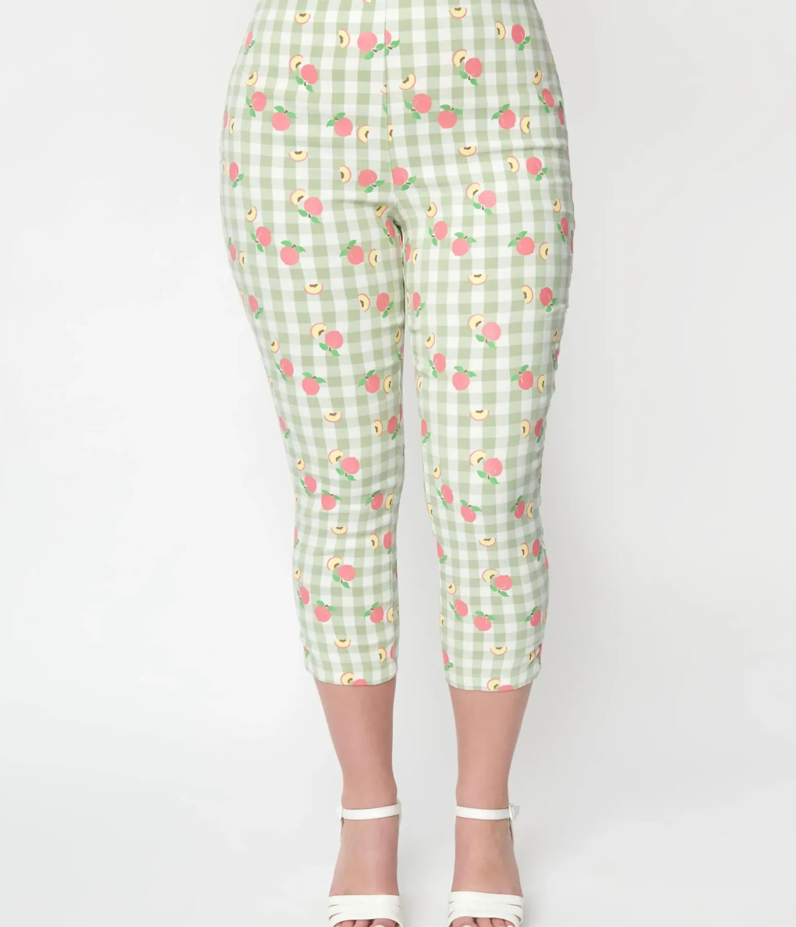 Unique Vintage Pants>Light Green Gingham & Peaches Rachelle Capri Pants