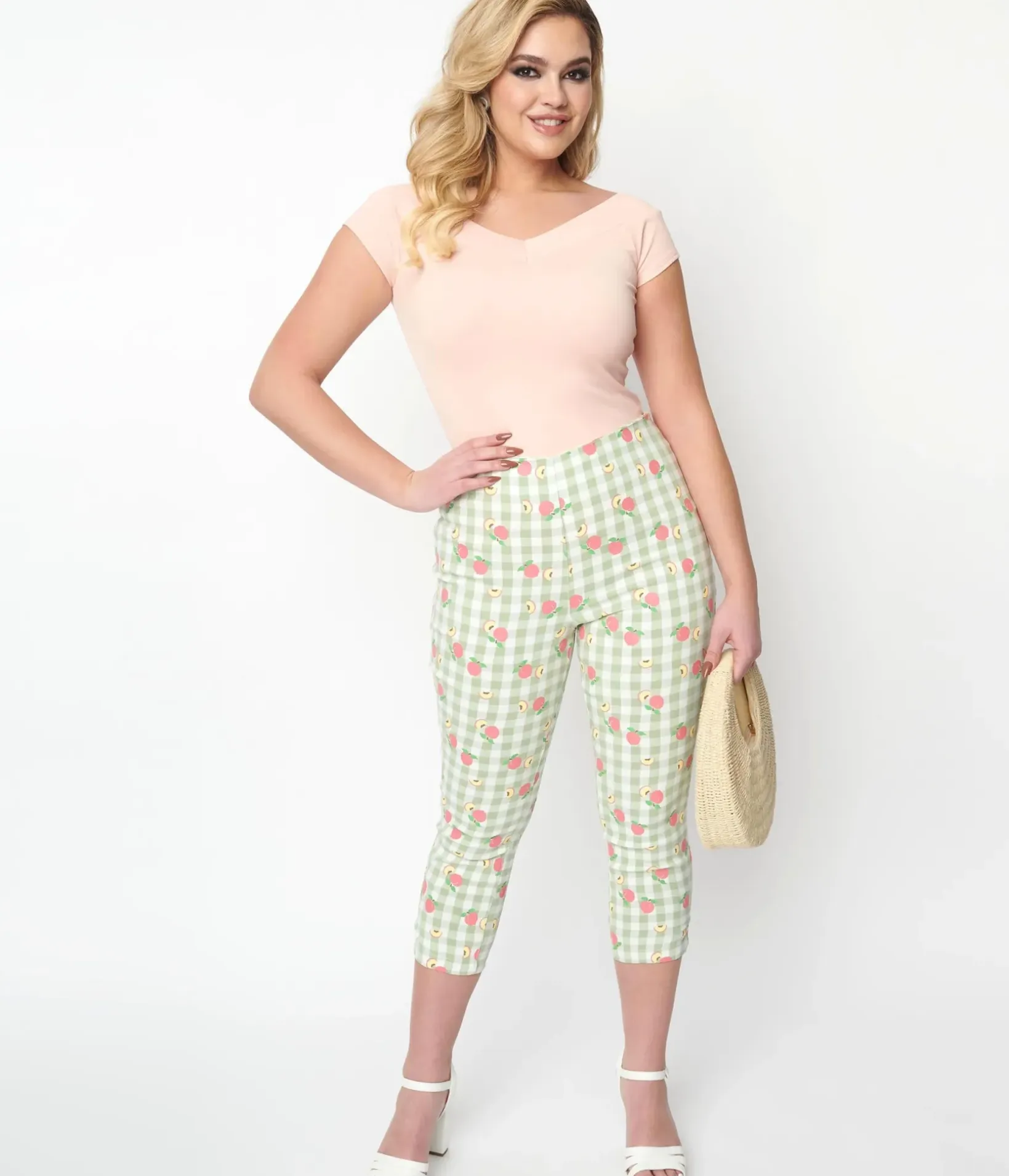 Unique Vintage Pants>Light Green Gingham & Peaches Rachelle Capri Pants