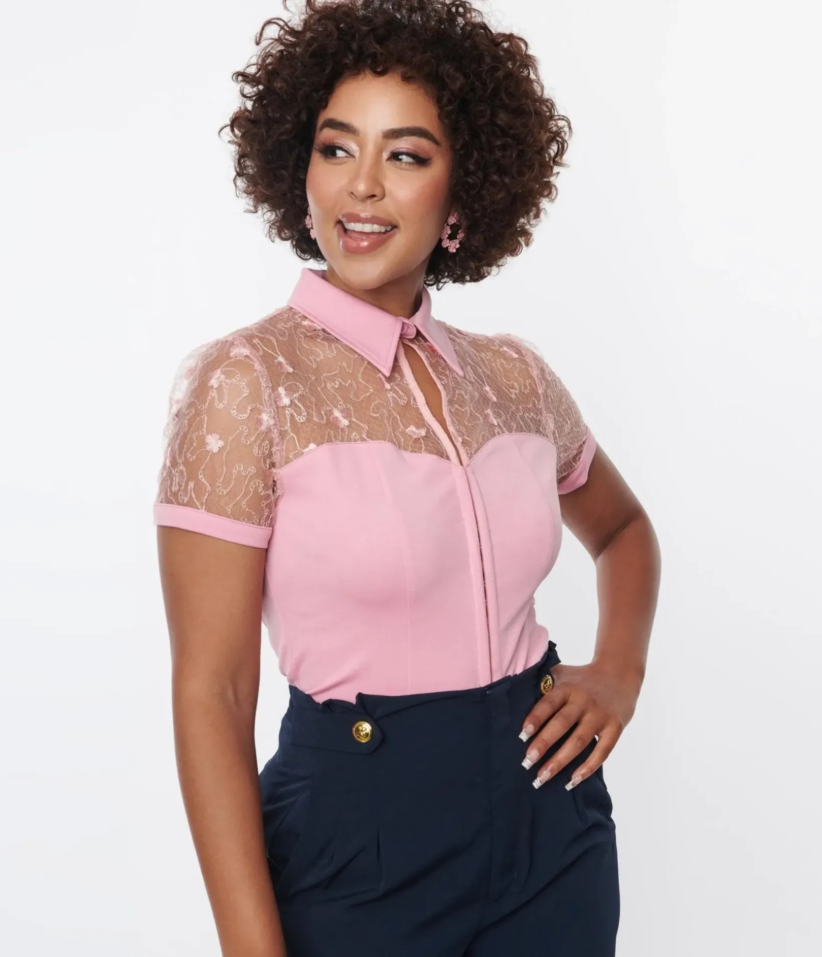 Unique Vintage All Things Pink>Light Pink & Floral Mesh Sweetheart Top