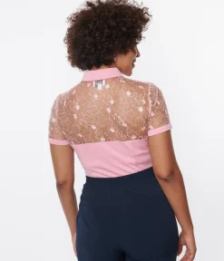Unique Vintage All Things Pink>Light Pink & Floral Mesh Sweetheart Top